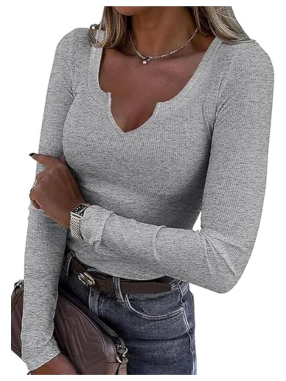 Ribbed V Neck Long Sleeve Fitted Knit Top